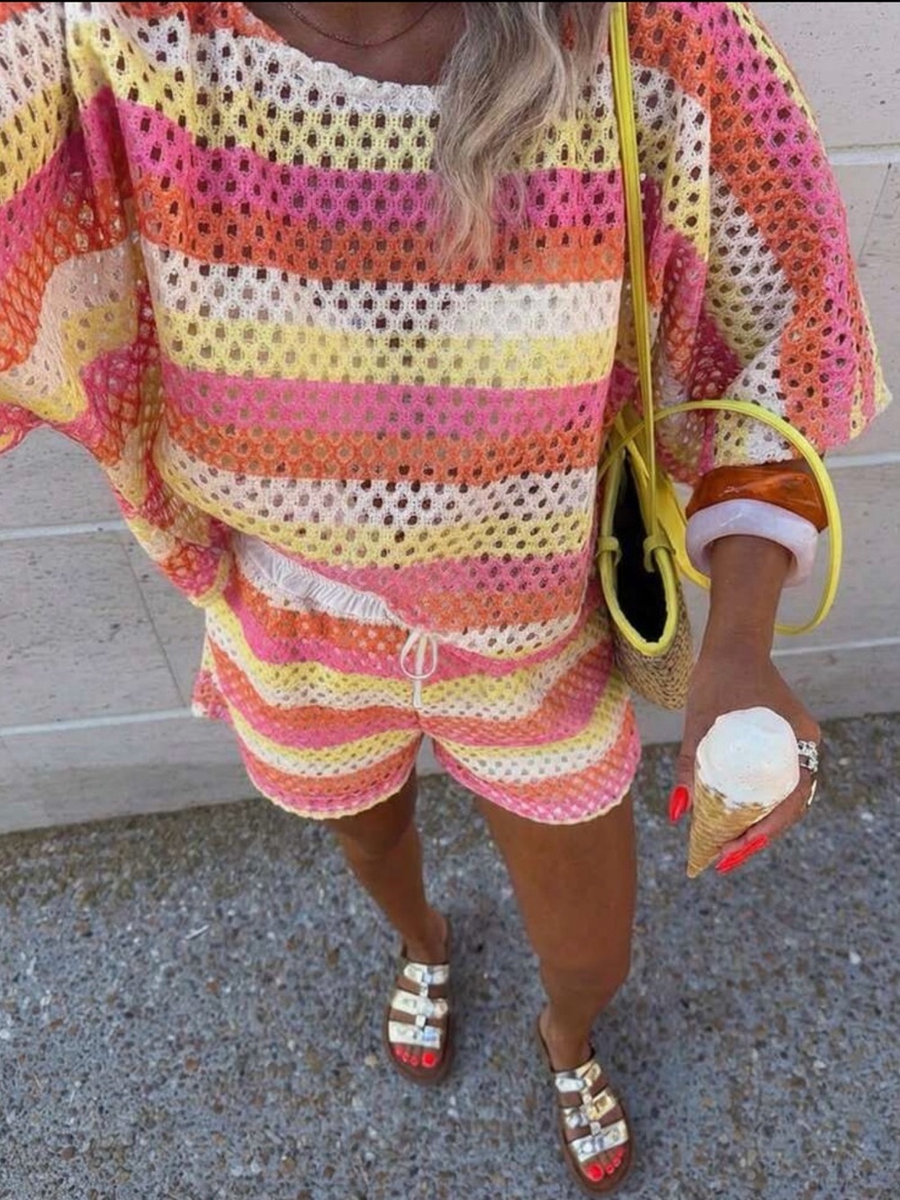 Striped Crochet Beach Cover-Up Set in Pink, Yellow & White